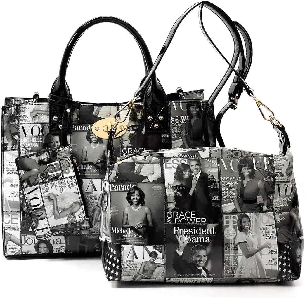 AMY&JOEY Glossy magazine cover collage crossbody bag purses Michelle Obama mini handbag (GREY/BLACK)