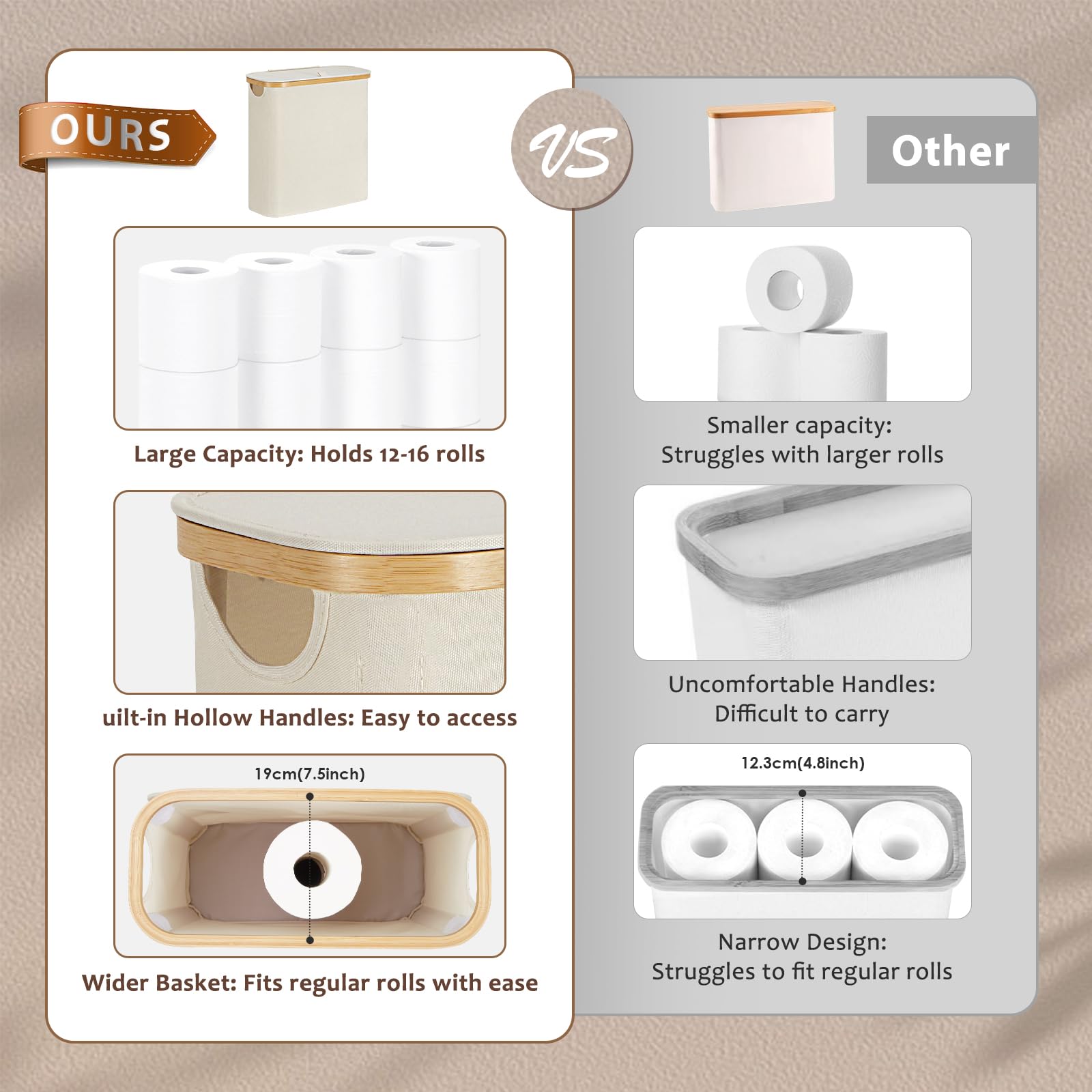 Boîte Rangement Papier Toilette 33L Bambou – Panier Salle De Bain Avec Couvercle, Beige, 9-16 Rouleaux