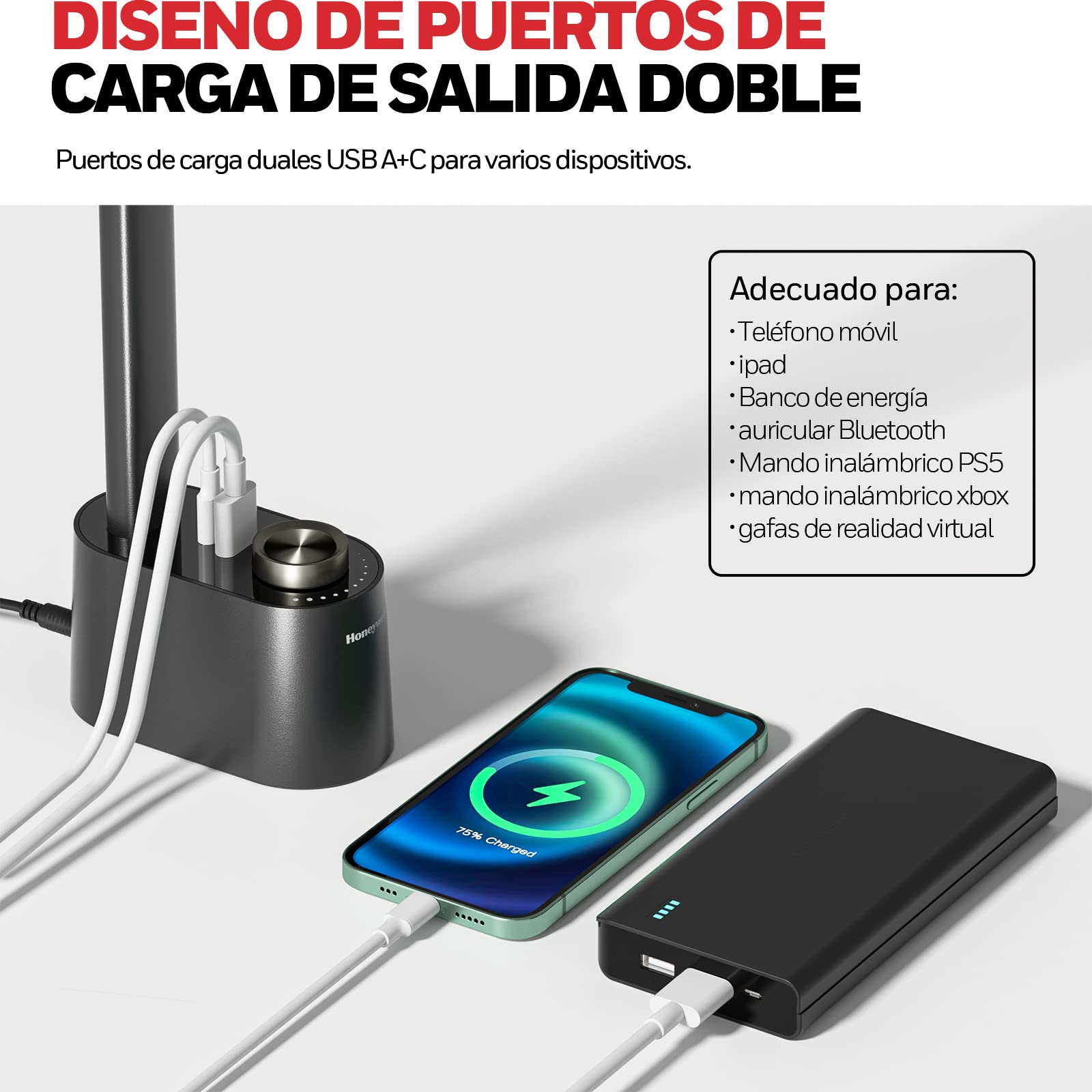 Honeywell Lámpara LED H01 Pro cuidado ocular lectura y oficina | Lámpara de escritorio Sunturalux regulable, CRI≥95, 3000K-5500K, carga A+C, negra, para dormitorio universitario