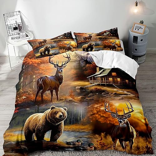 Miniatura 8 de LUVIVIHOME - Juego de funda de edredón de 3 piezas de oso y alce y ciervo, ropa de cama rústica de cabaña, ropa de cama de granja de campo, colcha