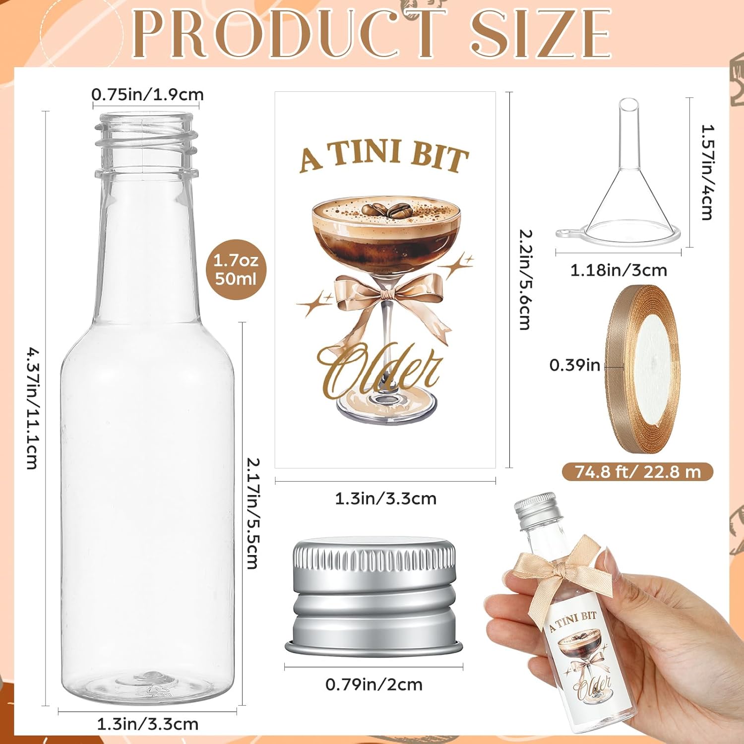 36 pack 1.7oz a tini bit older mini liquor bottles plastic alcohol bottles with cap label ribbon funnel empty shot bottle for birthday bachelorette bridal shower party(espresso style)