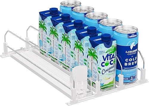 Puricon Organizador de bebidas para refrigerador, deslizador de empuje con resorte, dispensador de latas de soda autoempujable, soporte para