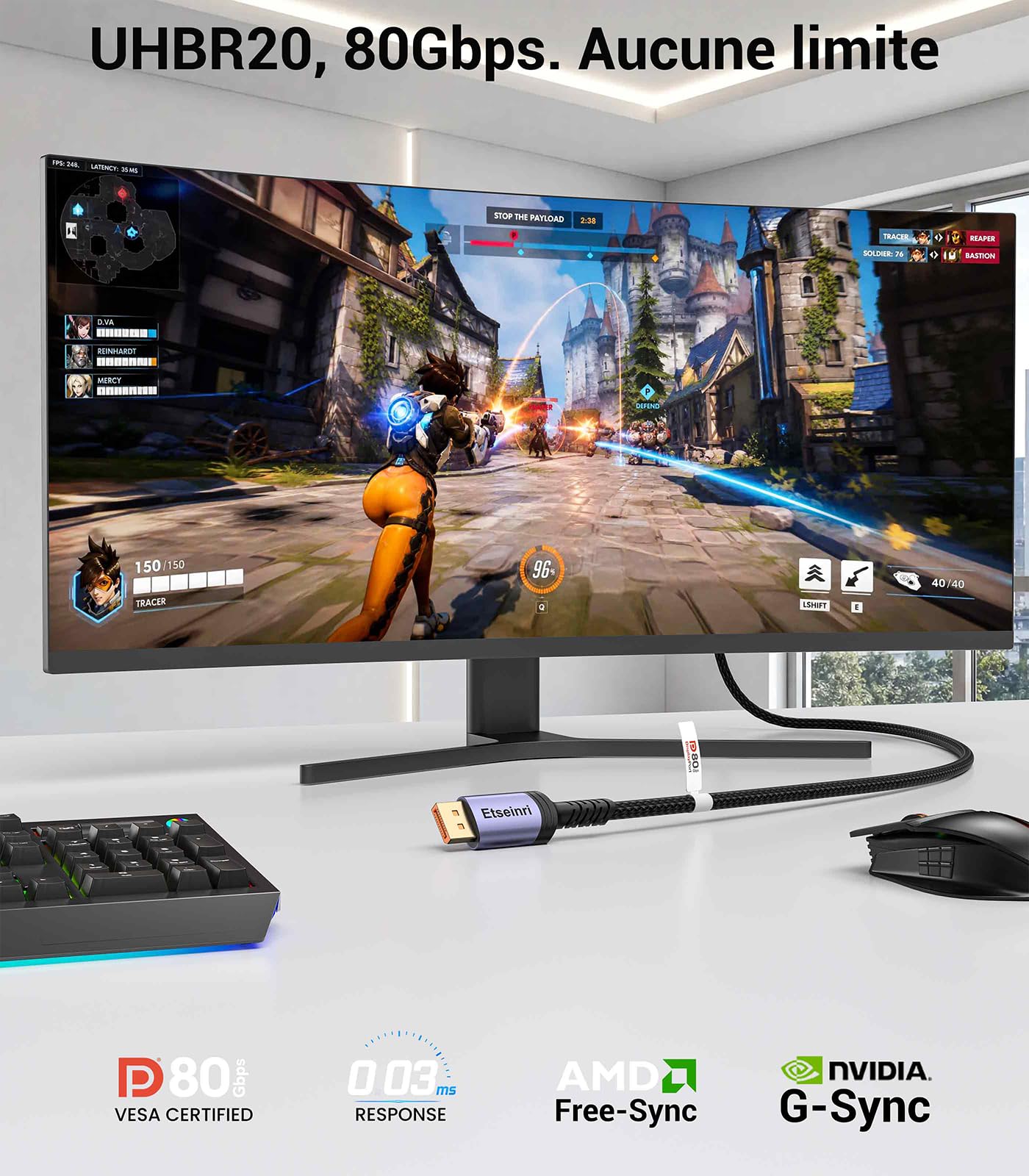 Câble DisplayPort 2.1 80Gbps 4M VESA Certifié 16K@30Hz 8K@240Hz 4K@540Hz HDR HDCP2.3 FreeSync G-Sync DP pour Moniteur Gaming