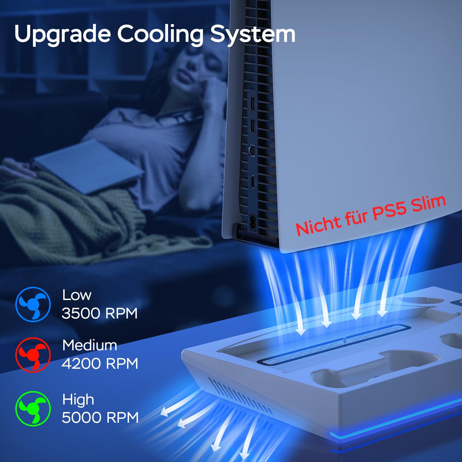 PS5 Ständer mit PS5 Controller Ladestation und 3 Stufig PS5 Lüfter für PS5 Digital/PS5 Disc, 4 in 1 PS5 Standfuß PS5 Kühler PS5 Ladestation Headset/Fernbedienung Halterung PS5 Zubehör mit Ladekabel