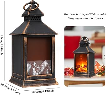 Flameless LED Fireplace Lantern - USB/Battery Powered Desktop Portable Mini Fireplace With Handle - 4.1x4.1x9.8 Inch for Indoor Outdoor Use
