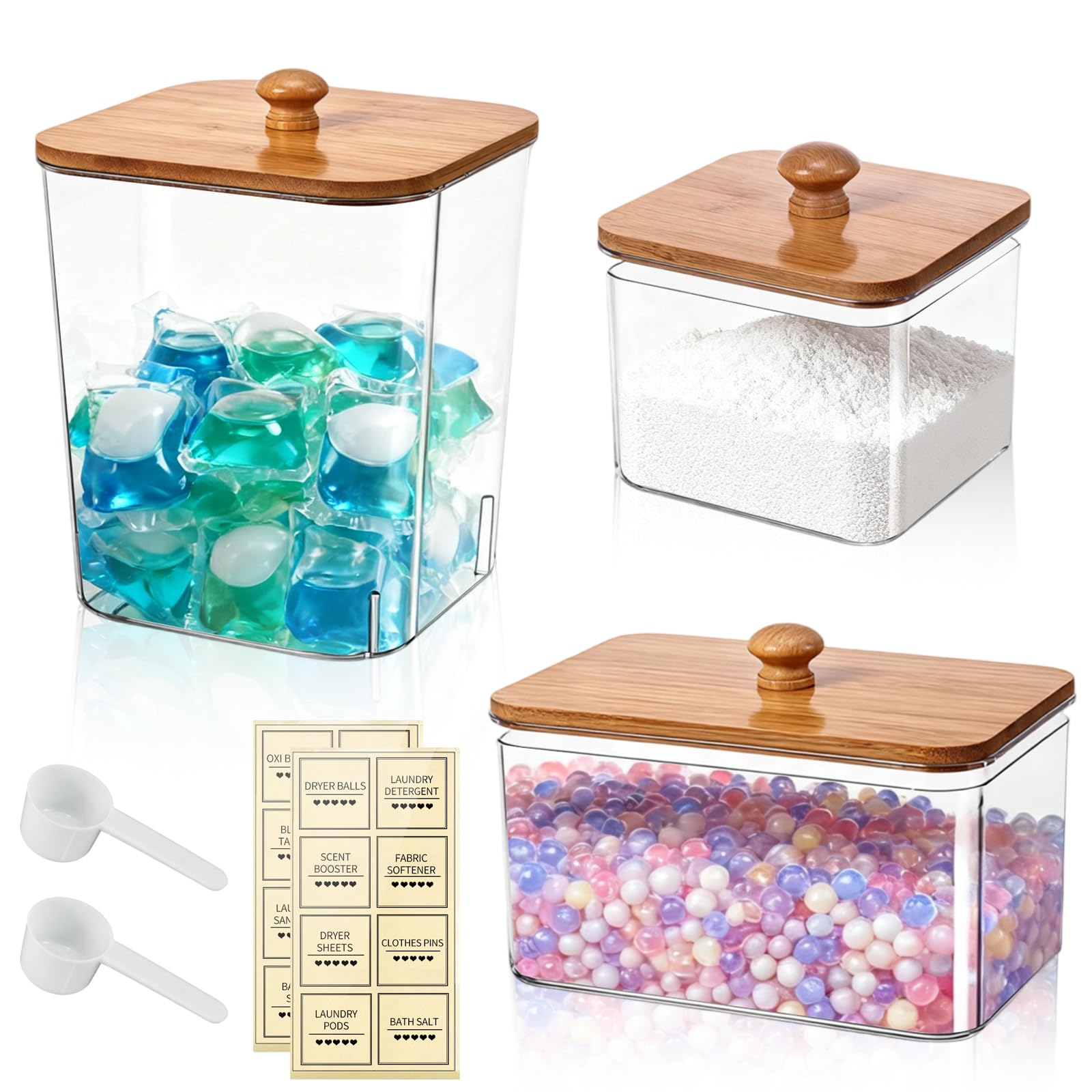 GWBPES Laundry Storage Containers, 3 PCS Washing Powder Storage Laundry Room Accessories Laundry Jars with Lids Labels and Scoops Clear Dryer Sheet Holder for Washing Pods Powder Scent Booster