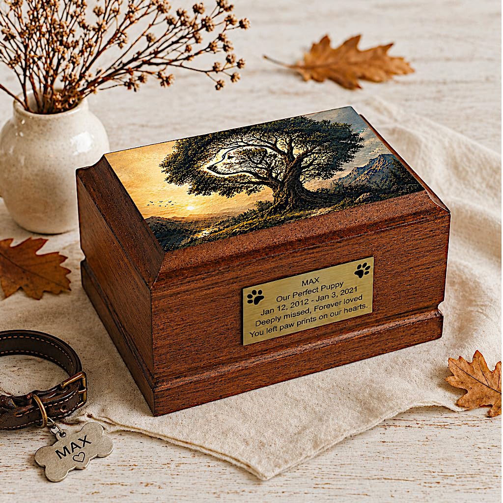 Dog Cremation Urn for Ashes – Wooden Pet Urn with Tree of Life Design