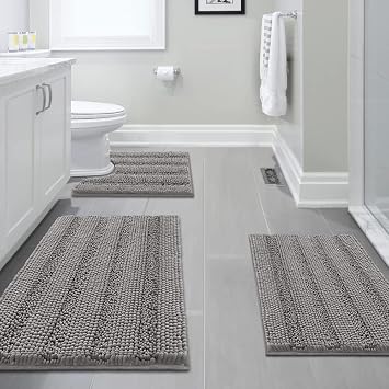 H.VERSAILTEX 3 Piece Bathroom Rugs Sets Thick Striped Bath Rugs Set for Bathroom Non Slip Soft Absorbent Bath Mat Set for Tub, Shower and Toilet17x24+20x32+20x24 U-Shaped, Dove