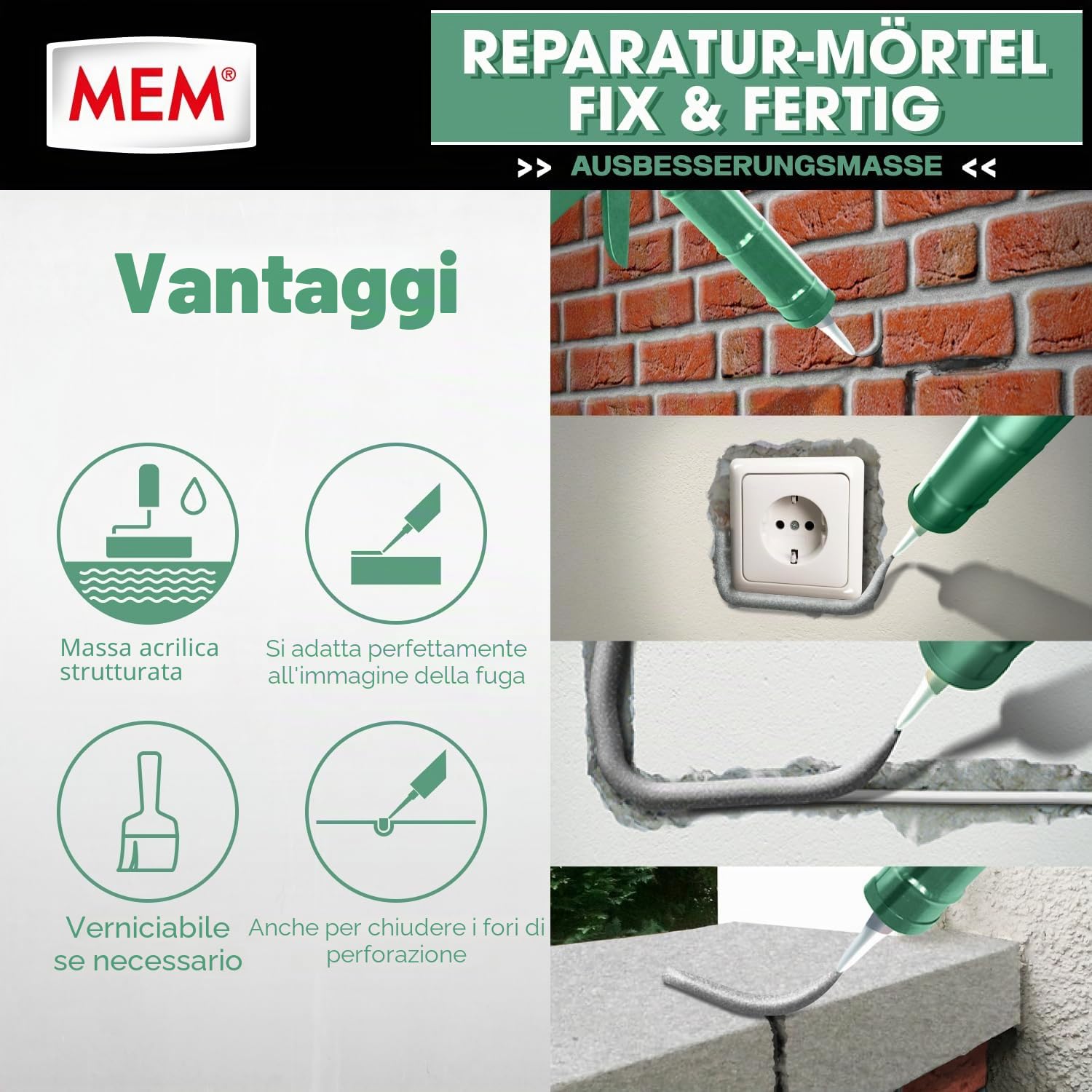MEM – Malta per riparazione Fix e pronta da 300 ml, Acrilico, Grigio Mem-500600