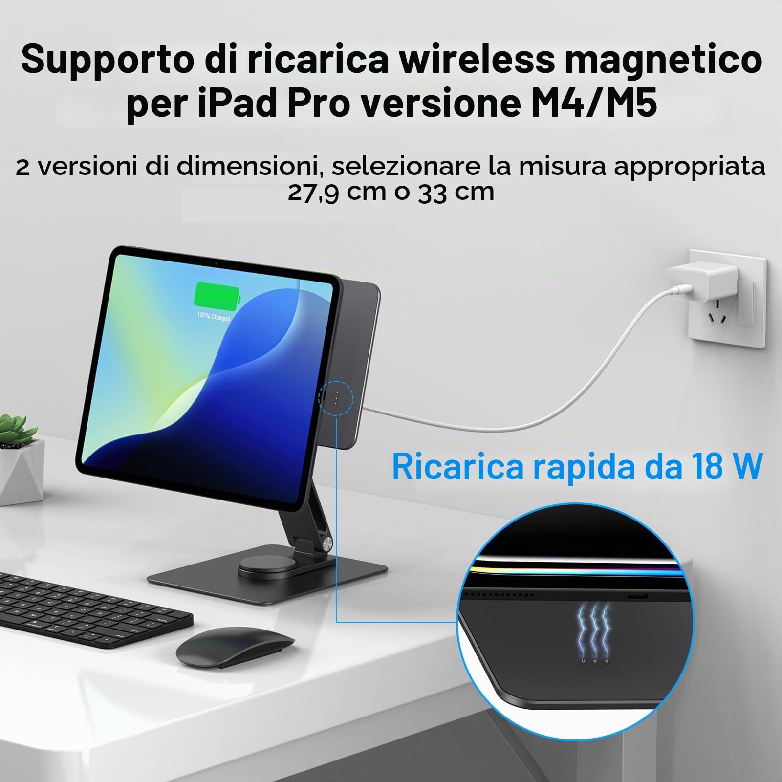 Supporto magnetico per iPad con carica senza fili 18W, 360 portacarte rotante in alluminio per iPad Pro M5/M4, serie regolabile di montaggio da tavolo (M5/M4-11inch)