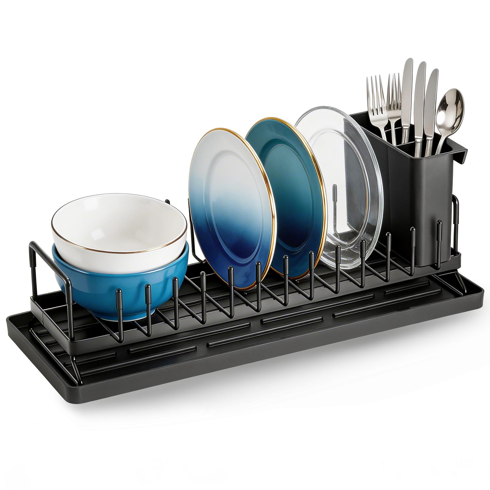 Zocipro Scolapiatti da Appoggio Compatto in Acciaio Inox con Tappetino in Silicone e Portaposate – Salvaspazio per Cucine Piccole, Monolocali, Case e Camper - Nero