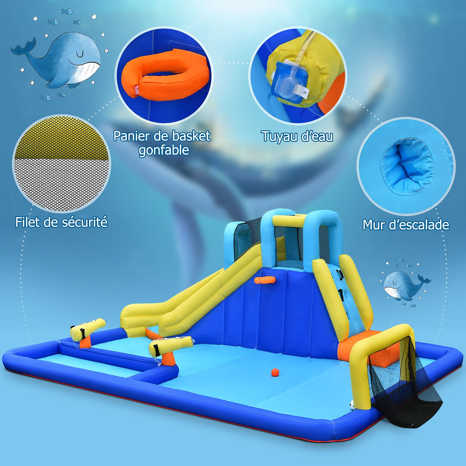 GOPLUS - Castillo hinchable con tobogán y pistola de agua, zona de juegos acuática con entretenimiento múltiple, ideal para niños mayores de 3 años (con soplador de 680 W)