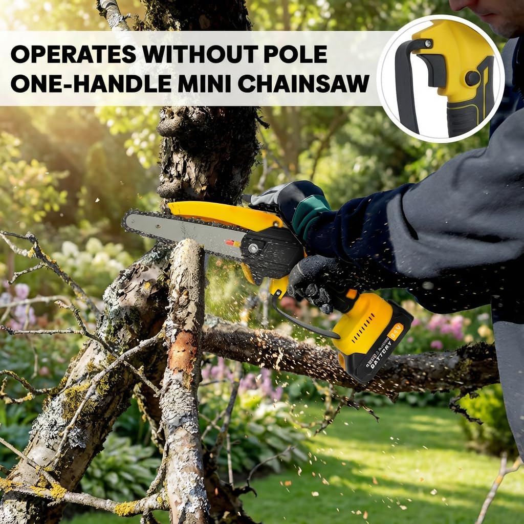 2-in-1 Cordless Pole Saw, Mini Chainsaw with 0.9-5.9ft Retractable Extension Pole for Tree Pruning, Brushless Electric Chain Saw with 2 x 1.5Ah Batteries, Handheld Chainsaw, Gift for Men Yellow