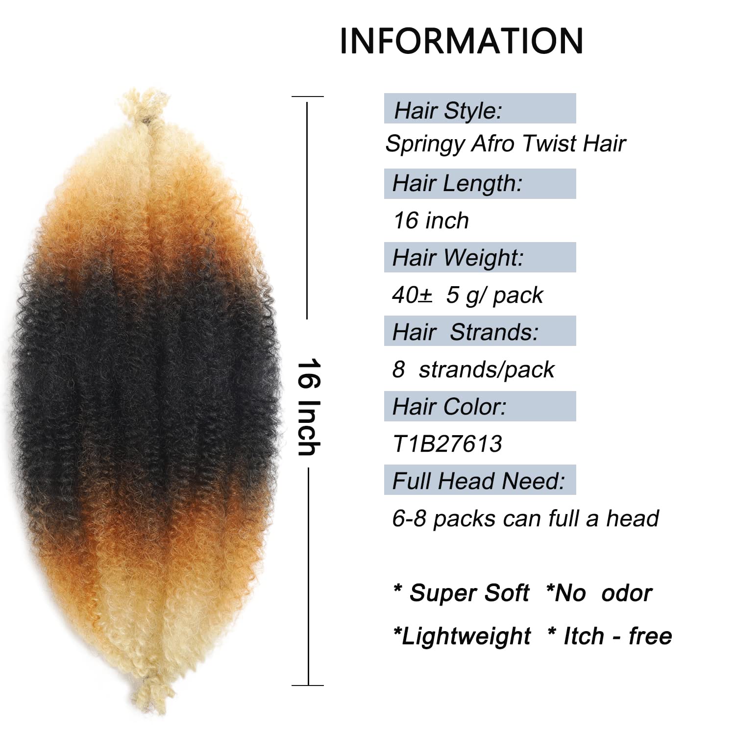 16 Inch Marley Twist Braiding Hair 8 Packs Springy Afro Twist Hair Pre-fluffed Spring Twist Hair Kinky Hair Afro Twist Hair Marley Hair for Faux Locs (16 Inch (Pack of 8), T1B/27/613#)