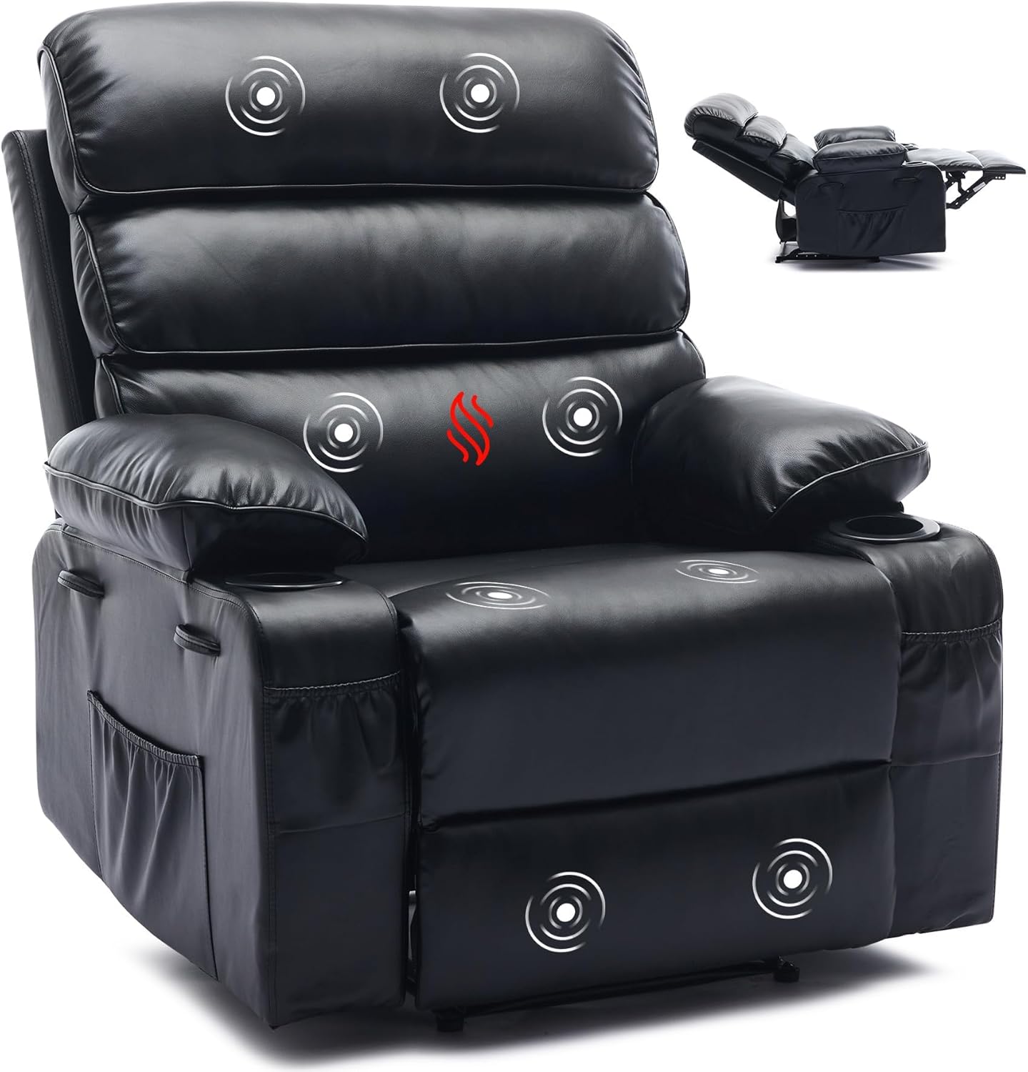 Modern Recliner Chair, Ergonomic Lounge Single Sofa with Massage and Heat, PU Leather Rocker Recliner with Adjustable Backrest and Footrest for Adults,Black
