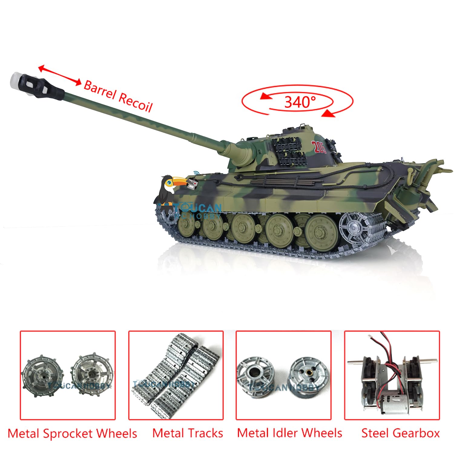 Henglong 2.4G 1/16 7.0 Tedesco King Tiger RC Tank 3888A Metal Track Barrel Recoil Adult Hobby