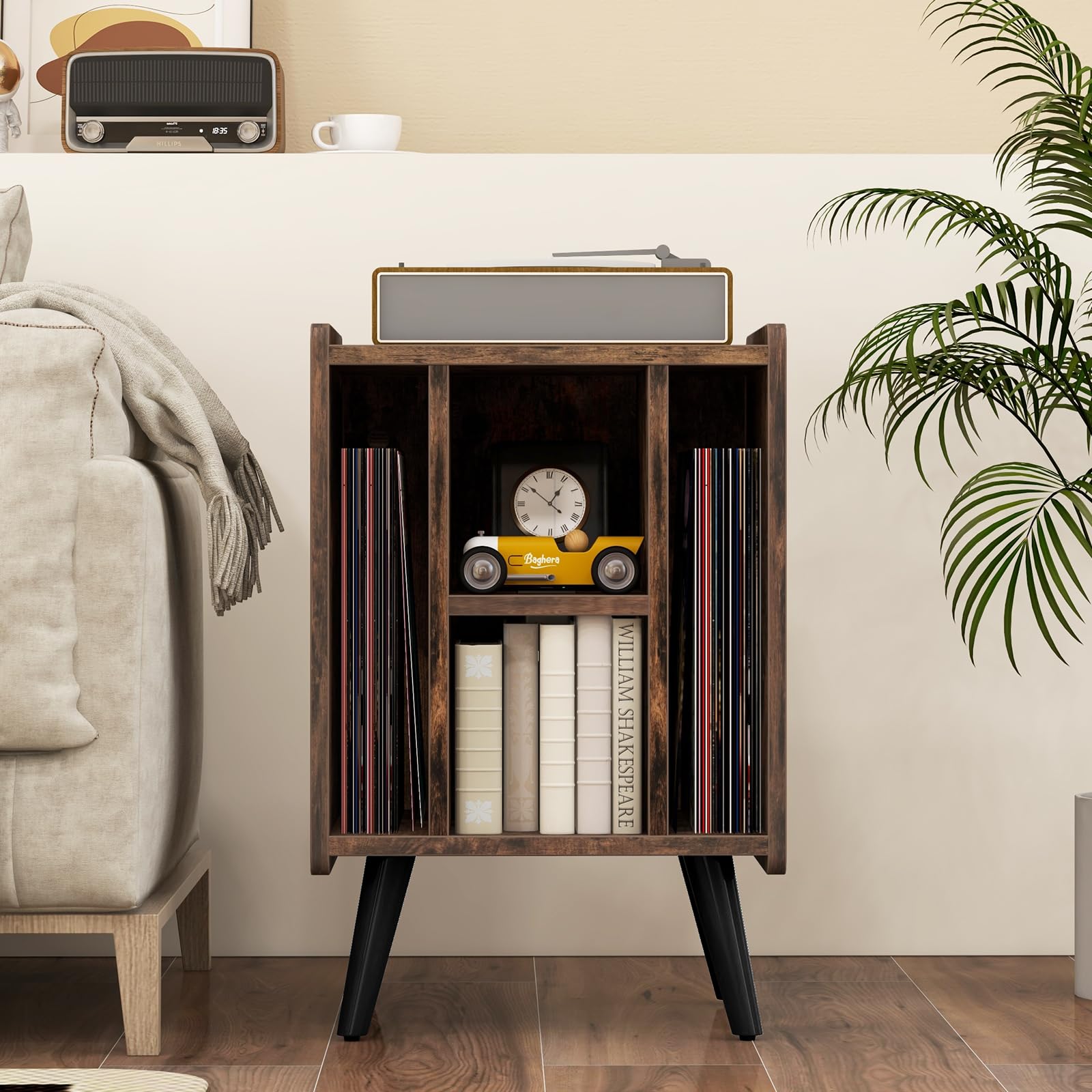 RELAX4LIFE Supporto per Giradischi con Stazione di Ricarica, Porta Vinili con 4 Scomparti Aperti, Espositore per Dischi, Carico Max 90kg per Ufficio, Studio, Camera da Letto (Marrone)