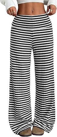 ZAFUL Womens Striped Pants Fold Waist Wide Leg Pants Lounge Pajama Pants