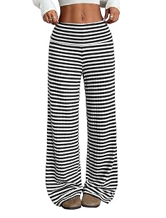 ZAFUL Womens Striped Pants Casual Fold Waist Wide Leg Pants Lightweight Comfy Stretchy Loose Lounge Pajama Pants