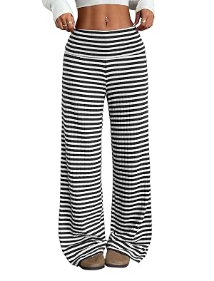 ZAFUL Womens Striped Pants Casual Fold Waist Wide Leg Pants Lightweight Comfy Stretchy Loose Lounge Pajama Pants