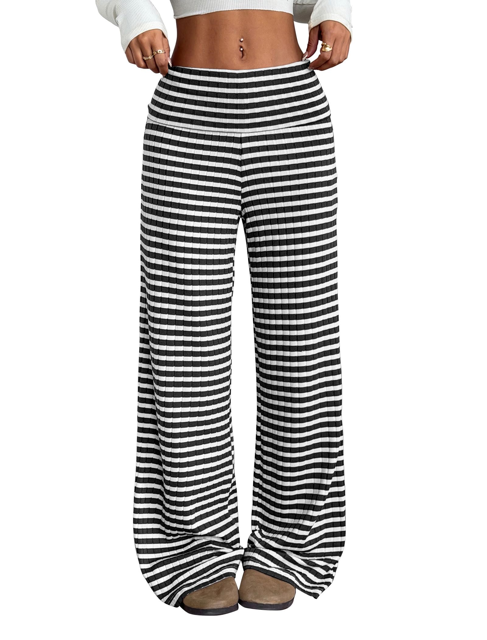 ZAFUL Womens Striped Pants Casual Fold Waist Wide Leg Pants Lightweight Comfy Stretchy Loose Lounge Pajama Pants