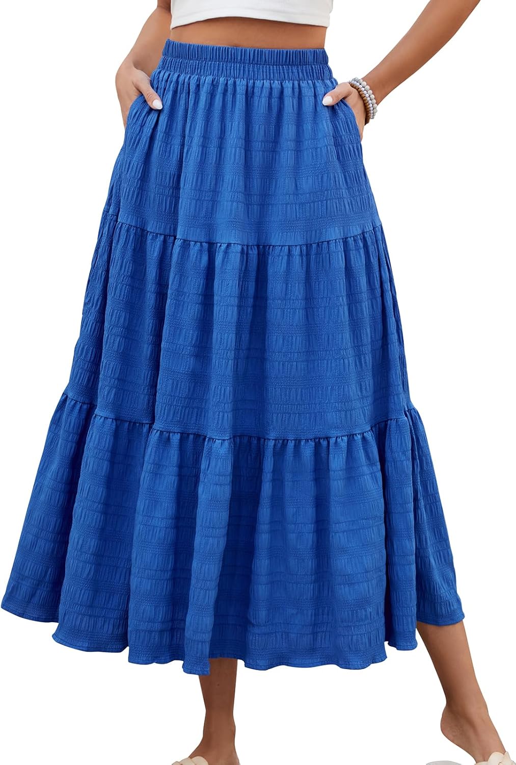HUSKARY Trendy Skirts for Women 2025 High Waisted Casual Smock Tiered Summer Skirt Loose Flowy Long Layered Skirt,Blue