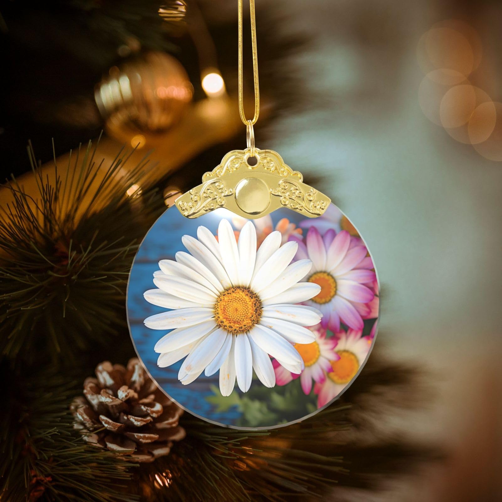 Crystal Christmas Ornaments for Christmas Tree Decoration Hanging Barberton Daisy Ornament with Gold Ribbon Crafts Round Pendant for Keepsake Gifts Glass Xmas Decor Party Supplies
