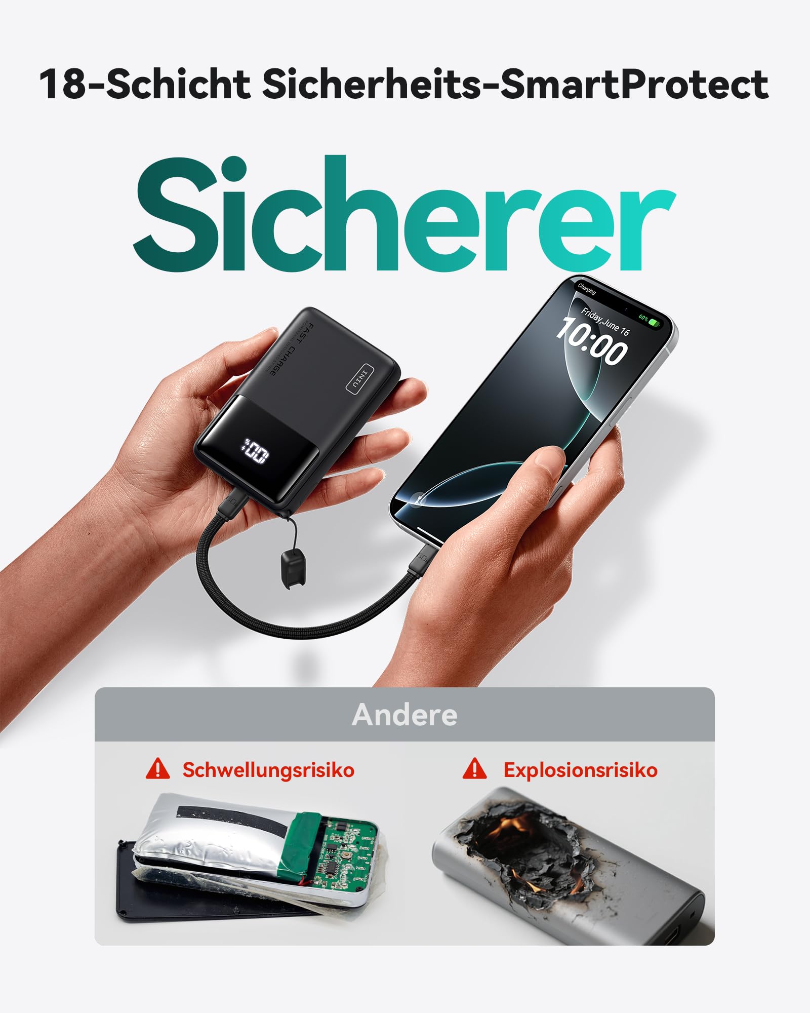 INIU Mini Power Bank, 10000mAh 45W Schnellladefunktion Powerbank mit USB C Kabel, Klein Externe Handyakkus für Reise Gadgets, Flight-Safe Ladegerät für iPhone 17 16 15 Pro Max Samsung S25 S24 etc