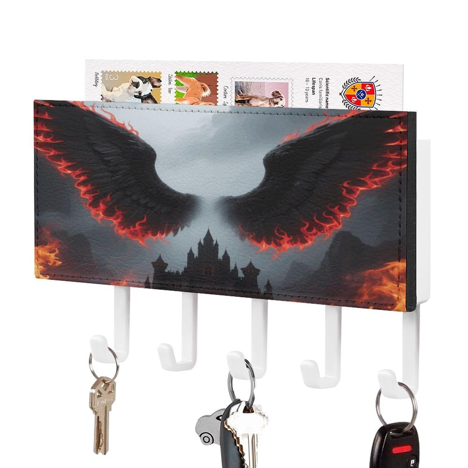 Vstadank White-Style Gothic Angel Wings Key Holder Wall Mount With 5 Key Hooks Hangers For Wall Decorative Pu Mail Rack Organizer With Shelf Wall Mounted Key Rack With Hooks For Entryway