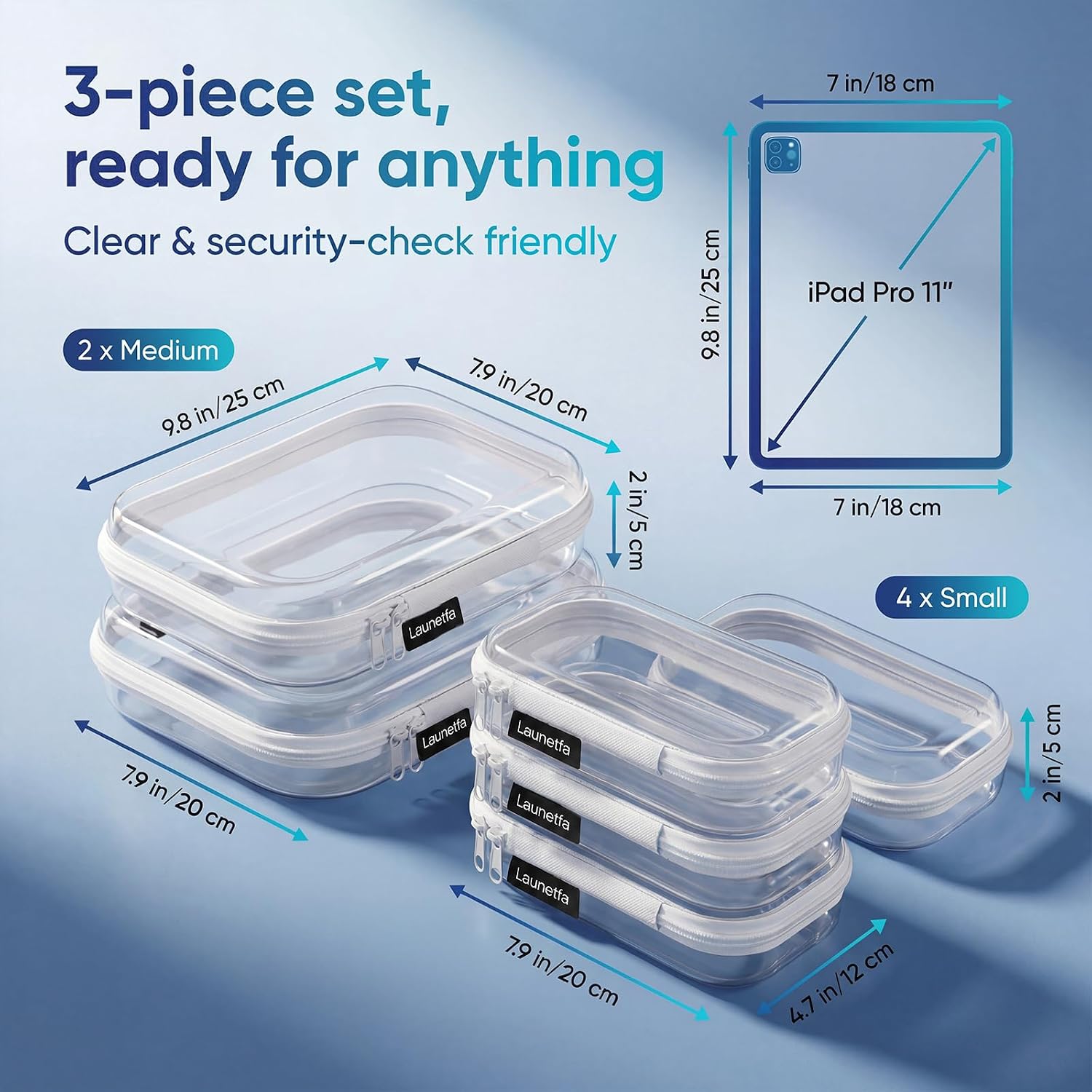 6 Pack Clear Hard Shell Zipper Case, 2 Medium 4 Small Hard Plastic Organizer Case for Travel, Skincare, Makeup, Electronics, Cables and Small Items, Clear Zipper Pouches
