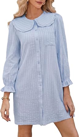 YEXPINE Womens Cotton Babydoll Long Sleeve Mini Dress Button Down A-line Shirt Tunic Dress