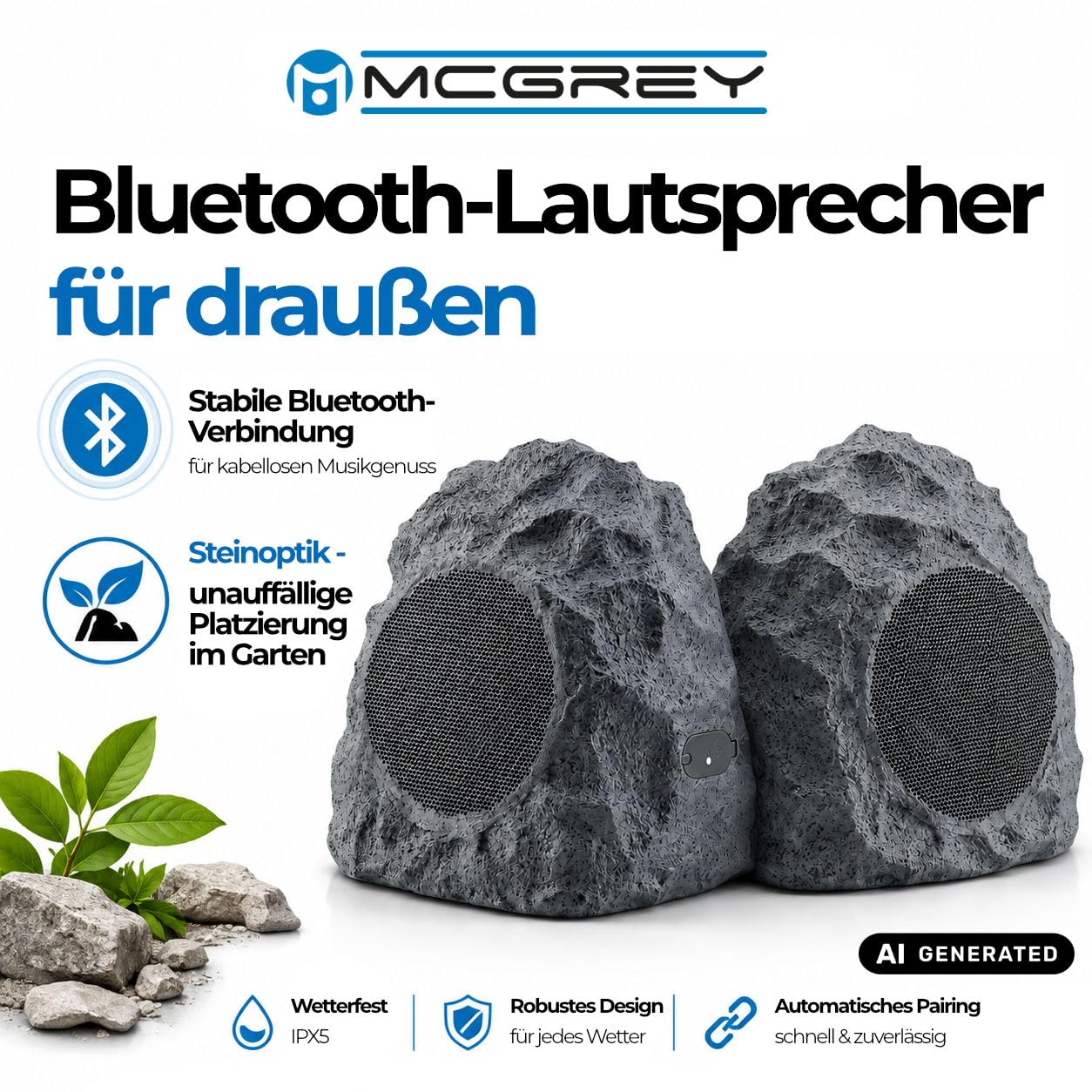 McGrey SSB-420 GY/ED Bluetooth Gartenlautsprecher Paar, Steinoptik, IPX5
