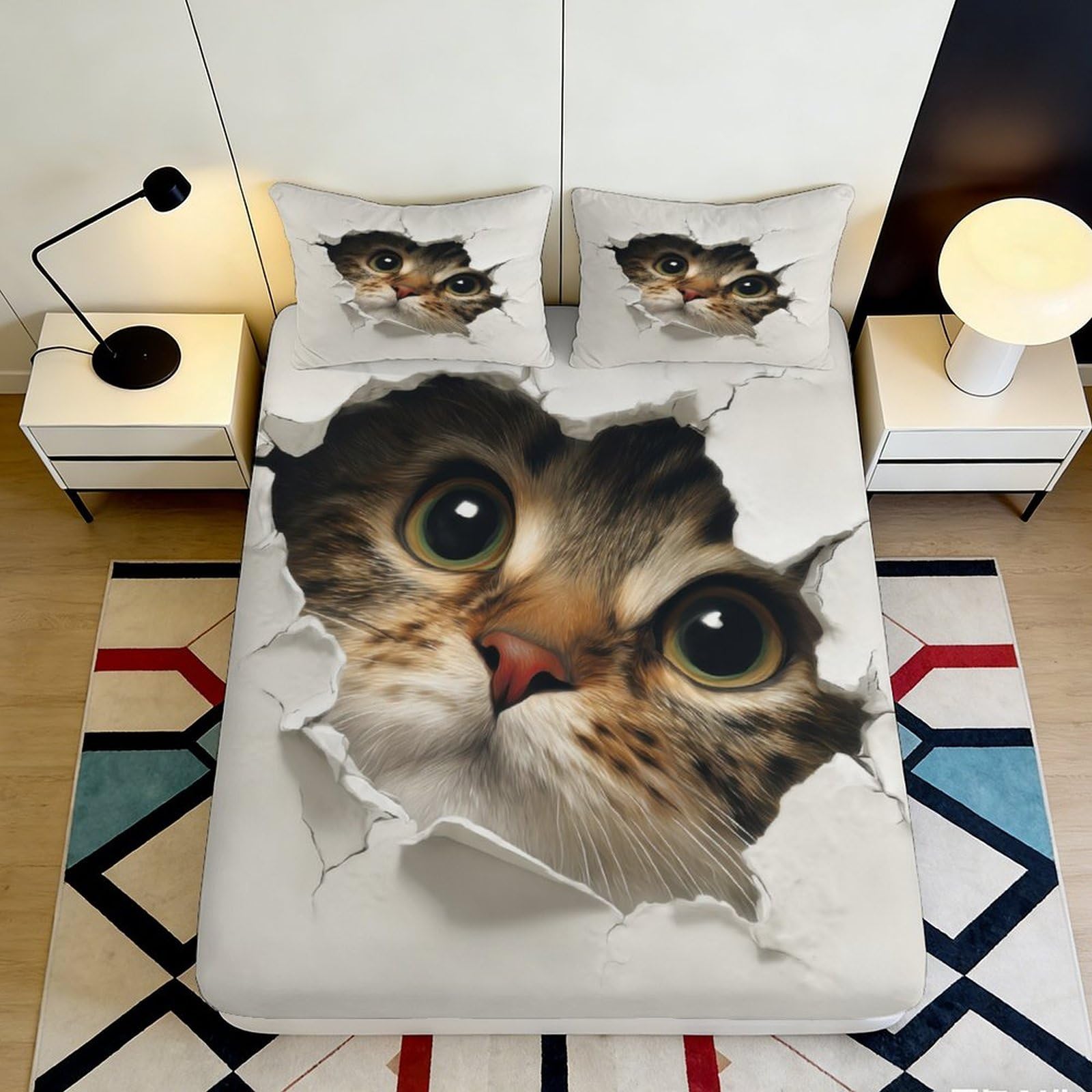 3D Printed Cat Face Fitted Sheet Microfiber Soft Durable Kitten Eyes Bed Cover for Bedroom Guest Room Decor Easy Care 90x200x25cm