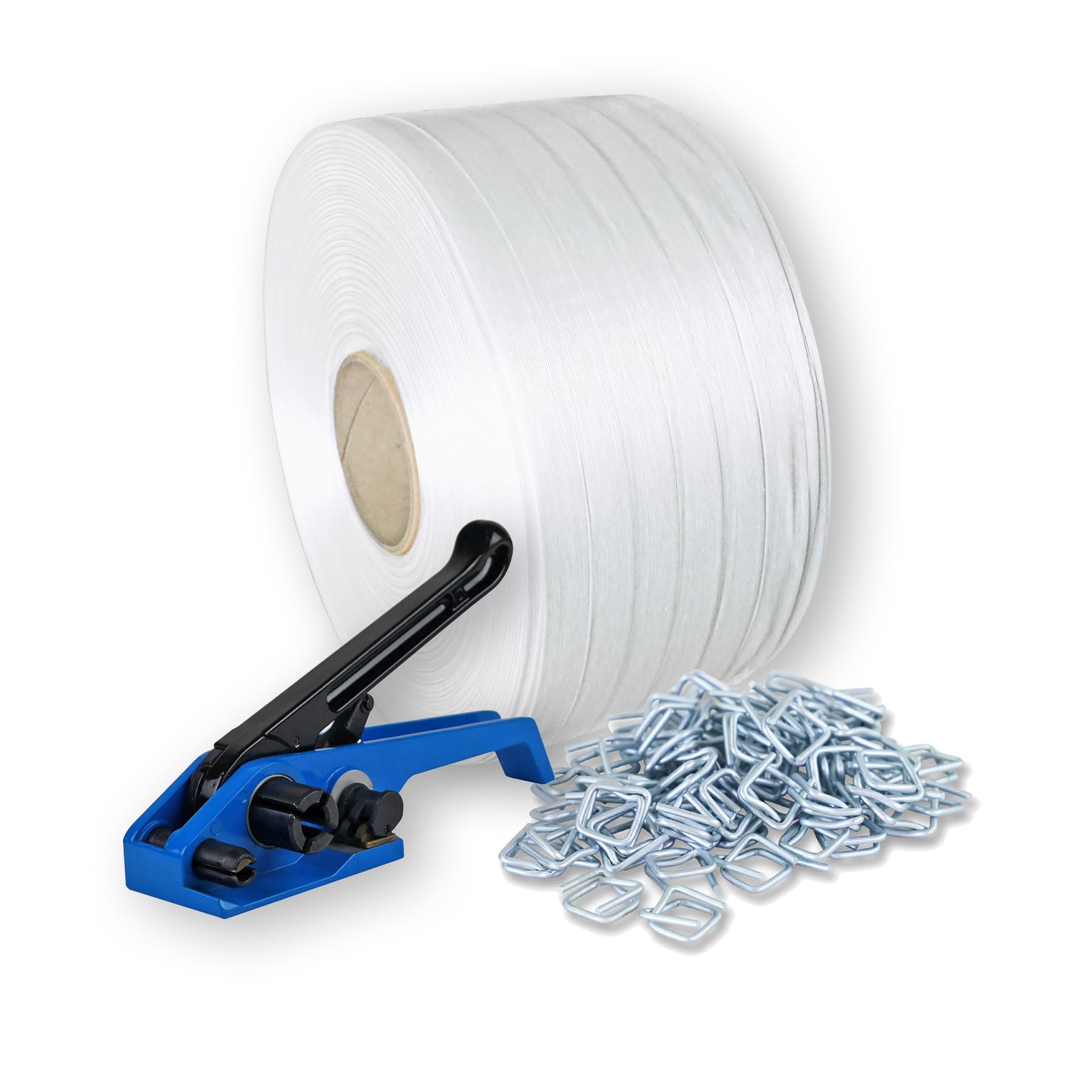 Umreifungsband Set | 13mm Umreifungsband Hotmelt | 500 x Drahtverschlussklemmen | 1 Umreifungsgerät | Für Ladungssicherung und Palettierung schwerer Güter mit Spanngerät | alles im Umreifungsset