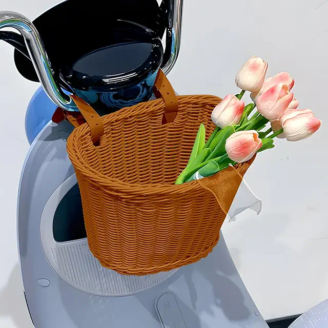 POWZOO Removable Rattan Bicycle Basket with Leather Strap - Rieten Mand voor op Fiets
