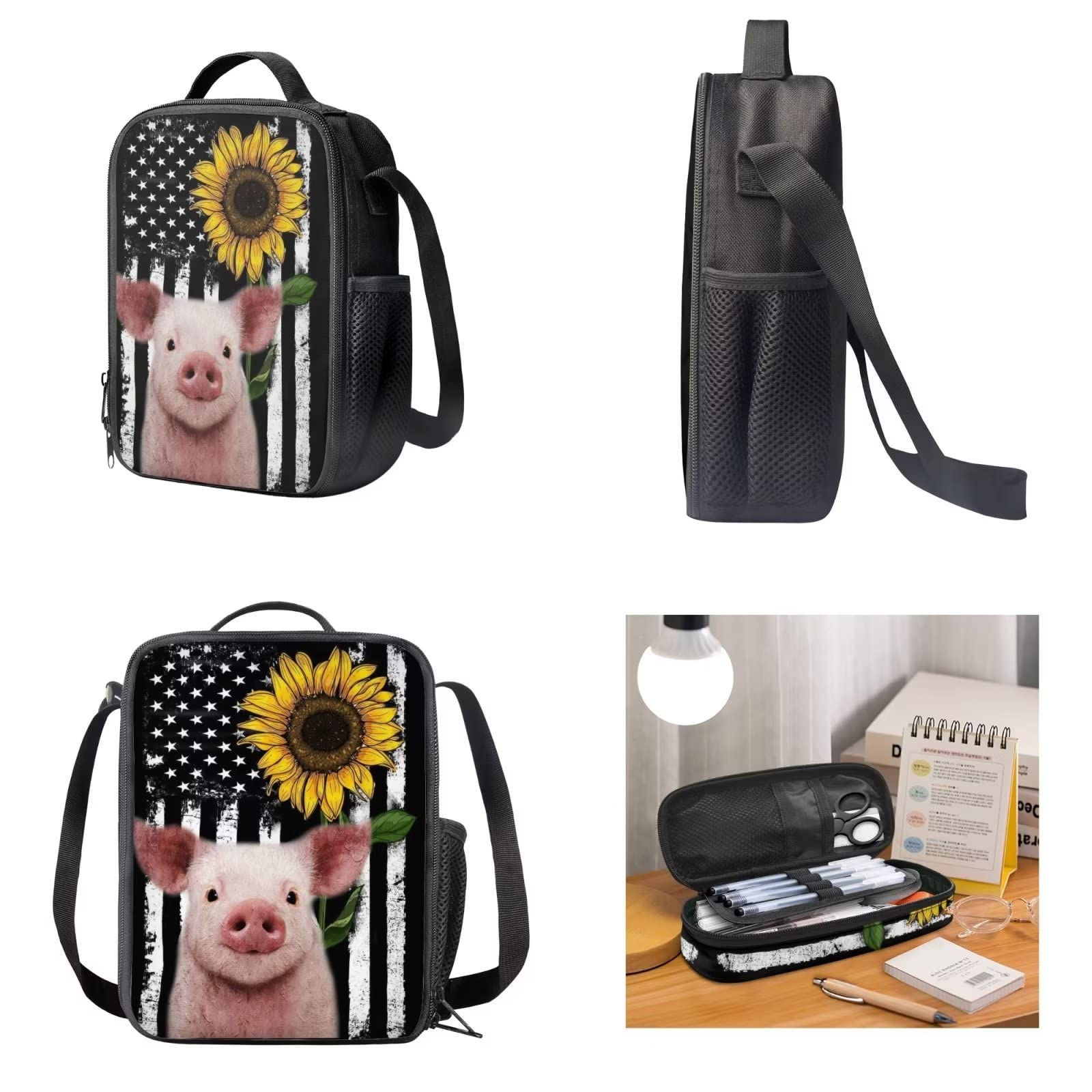 POLERO Mochila escolar de caballos para niños, juego de bolsas de almuerzo, estuche para lápices, 3 piezas, bolsas escolares, Bandera de Estados Unidos cerdo girasol, Talla única, Mochila infantil