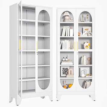 75" H Locking Display Cabinet with Glass Door, Tall Storage Cabinet with 5 Adjustable Shelves, Metal Curio Cabinet Multi-Purpose Display Case for Collectibles Living Room/Bedroom/Kitchen/Bar