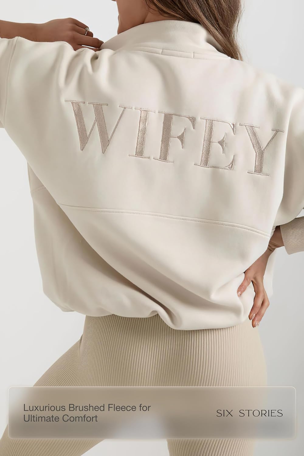 Six Stories | Champagne Wifey Embroidered Quarter Zip Sweatshirt | Honeymoon Pullover for Ultimate Comfort - Image 2