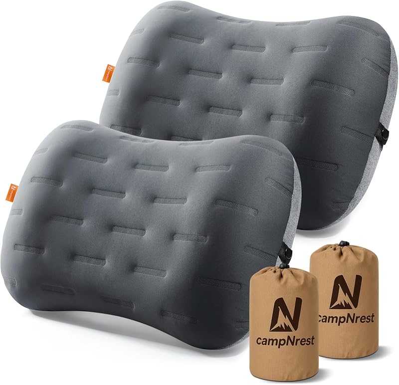 Inflatable Camping Pillow - Ultralight Compact Air Pillow for Travel, Backpacking & Hiking - Ergonomic Neck & Lumbar Support - Portable Inflatable Pillow with Removable Washable Cover - (Grey 2 Pack)