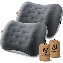 Inflatable Camping Pillow - Ultralight Compact Air Pillow for Travel, Backpacking & Hiking - Ergonomic Neck & Lumbar Support - Portable Inflatable Pillow with Removable Washable Cover - Grey 2 Pack