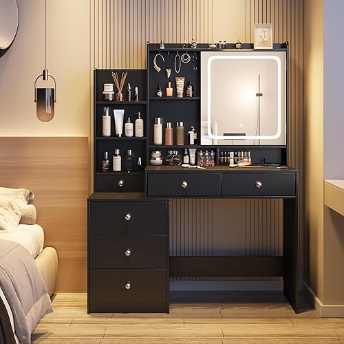 Miniatura 6 de Vabches Escritorio de tocador con espejo y luces, tocador de maquillaje con 6 cajones y estantes, tocador con toma de corriente, escritorio de