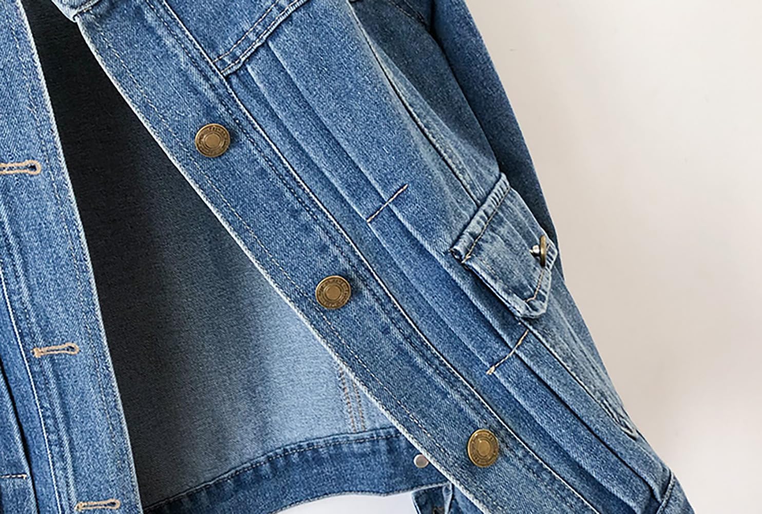 Women’s Collarless Long Sleeve Denim Jacket Round Neck Button Down Jean Jackets - Image 4