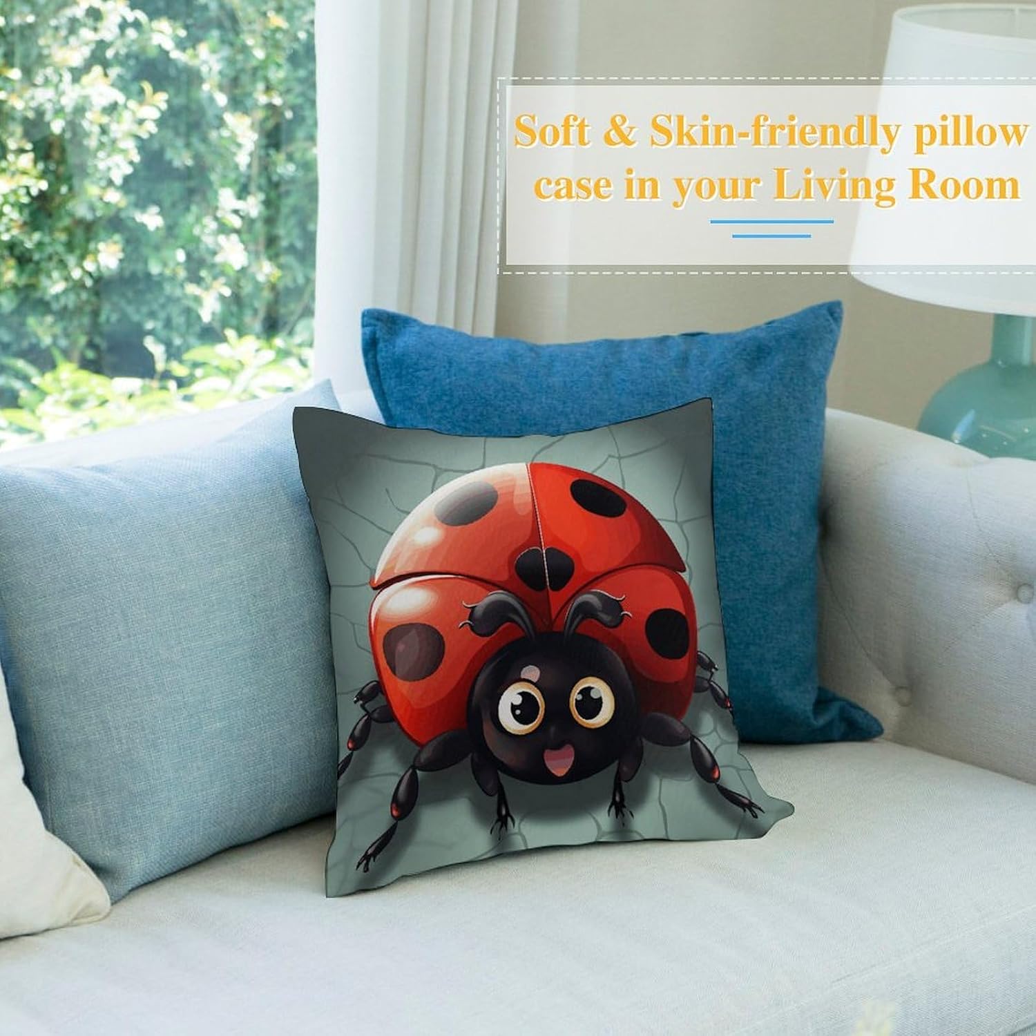 Cartoon Ladybug Throw Pillow Covers Fade-Resistant Square Pillowcase Removable Cooling Pillow Case Soft Pillow Shams Plush Cushion Cover Breathable Pillow Protector 18"x18"