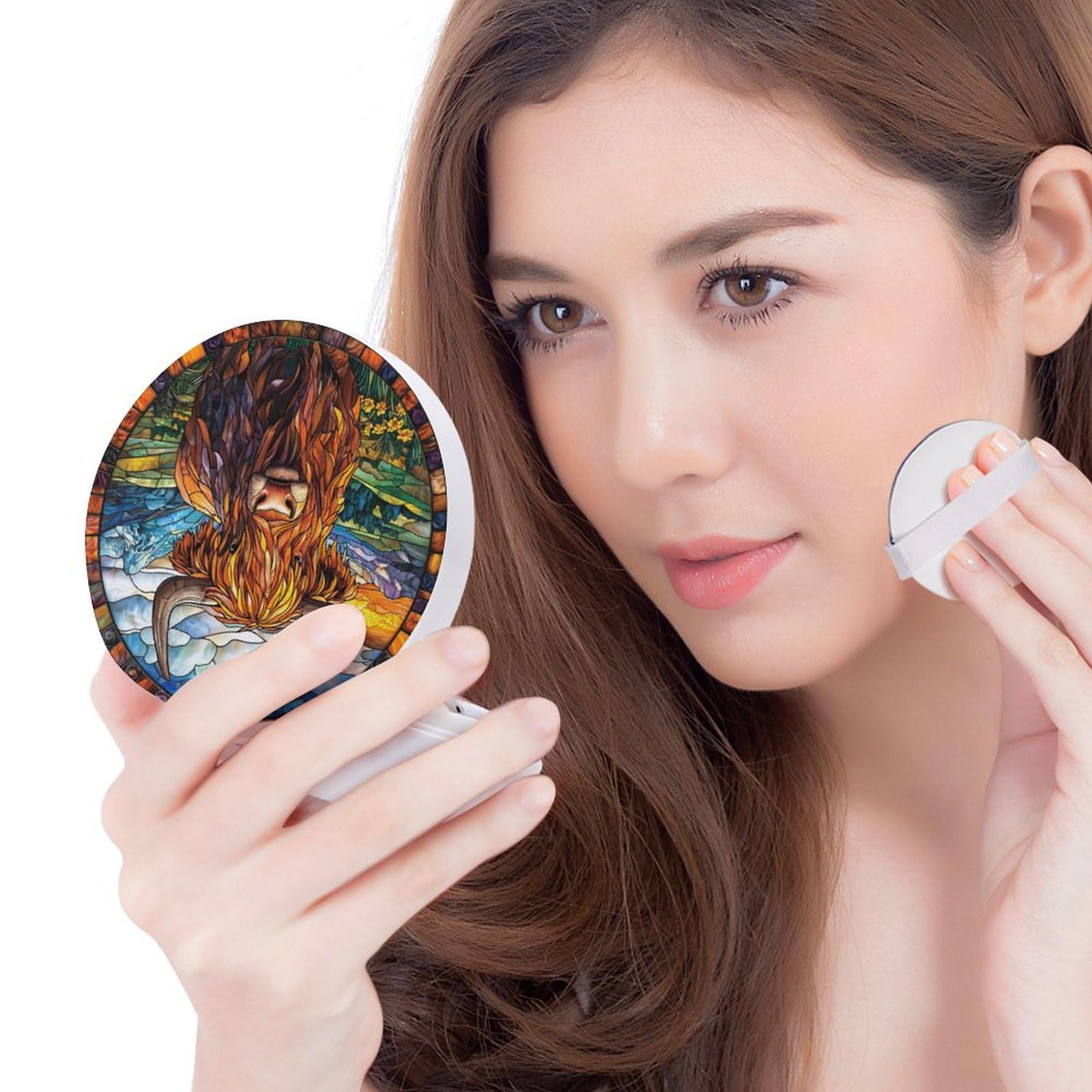 Hayyett A Highland Cow Stained Glass Air Cushion Puff Box Portable Cosmetic Makeup Case Container,Loose Powder Foundation Container