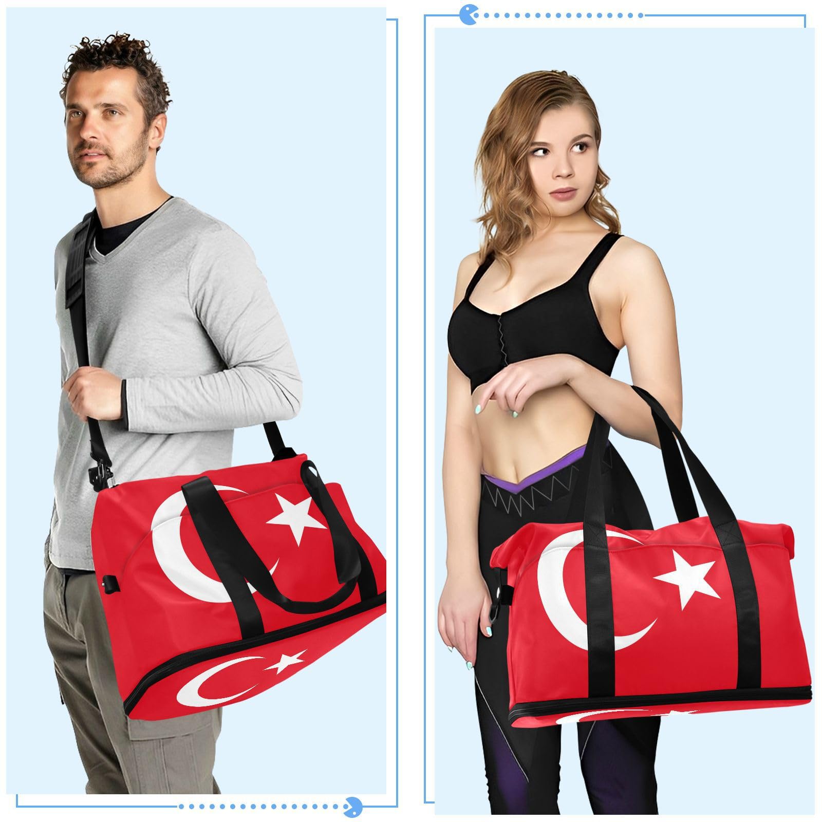 Bolsa de fin de semana con bandera de Turquía, color rojo turco, con bolsillo húmedo, correa ajustable, bolsa de gimnasio para senderismo, impermeable para hombres y mujeres