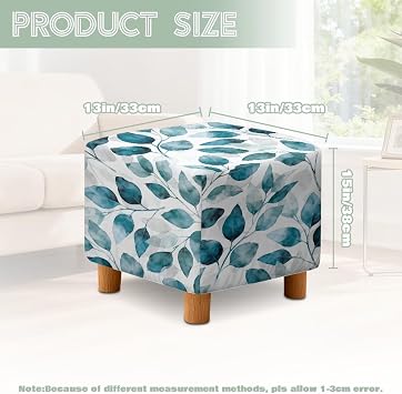 Leaf Print Square Stool Cover Folding Elastic Storage Ottoman Slipcovers Non-Slip Cube Ottoman Footstool Cover Washable Furniture Protector with Elastic Bottom