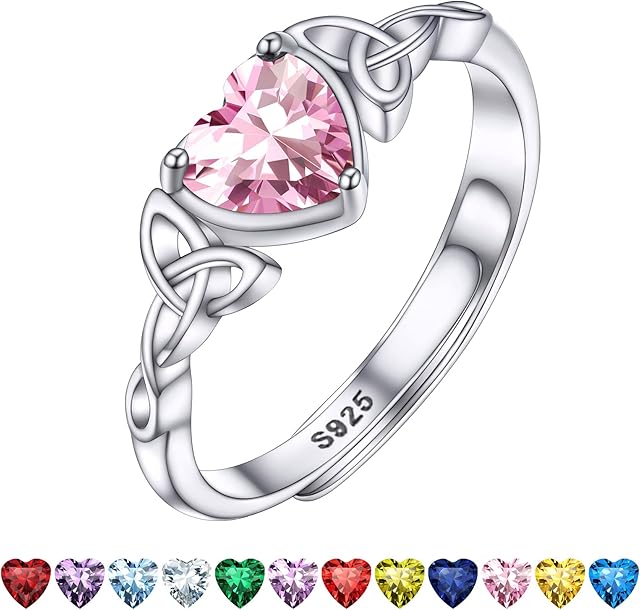 Bestyle Women 925 Sterling Silver Celtic Knot Birthstone Ring Dainty Gemstone Wedding Band Engagement Ring for Her Adjustable Silver Heart Shape Birthstone Jewellery