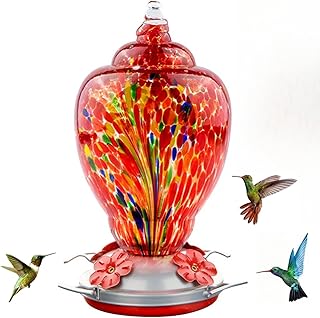 WOSIBO Hummingbird Feeder for Outdoors Patio Large 32 Ounces Colorful Hand Blown Glass Hummingbird Feeder with Ant Moat Ha...