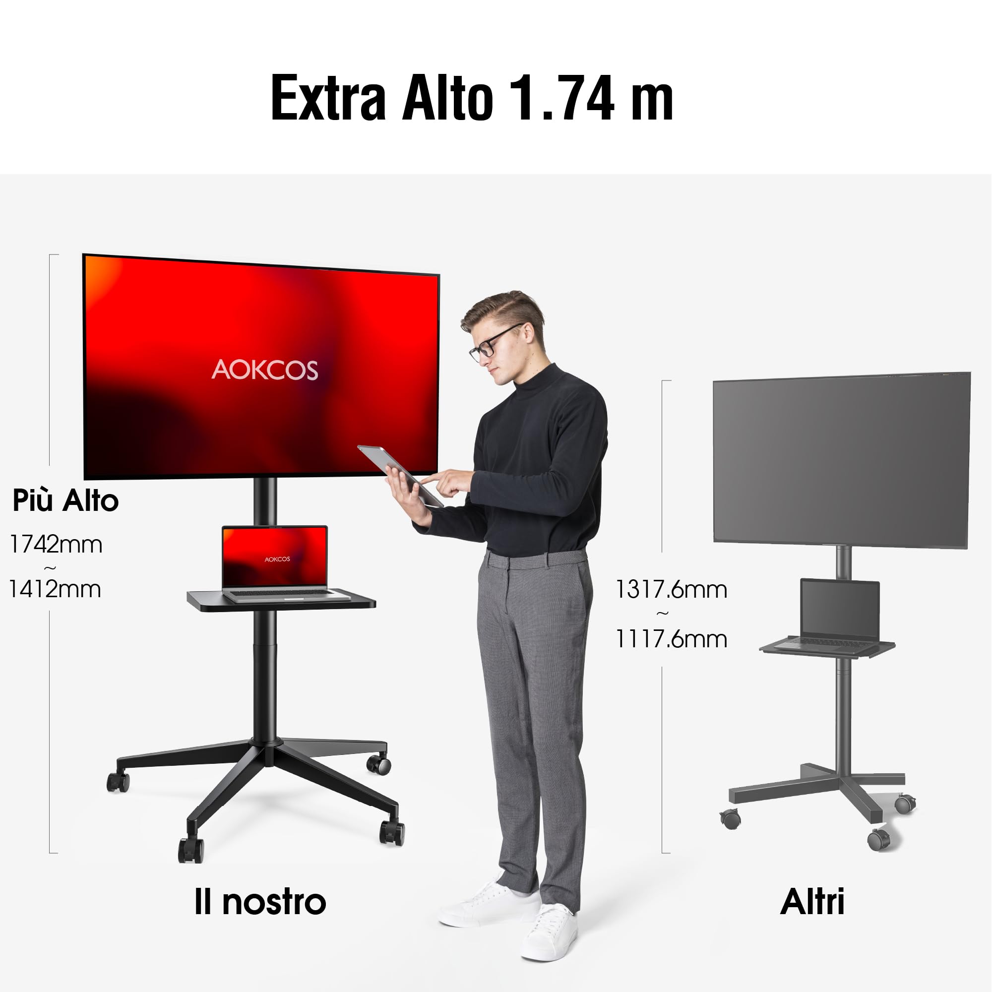 AOKCOS Carrello Porta TV 174cm Inclinabile, 32-65 Pollici Supporto TV da Pavimento Altezza Regolabile, Porta TV da Terra Max VESA 400x400mm 40kg