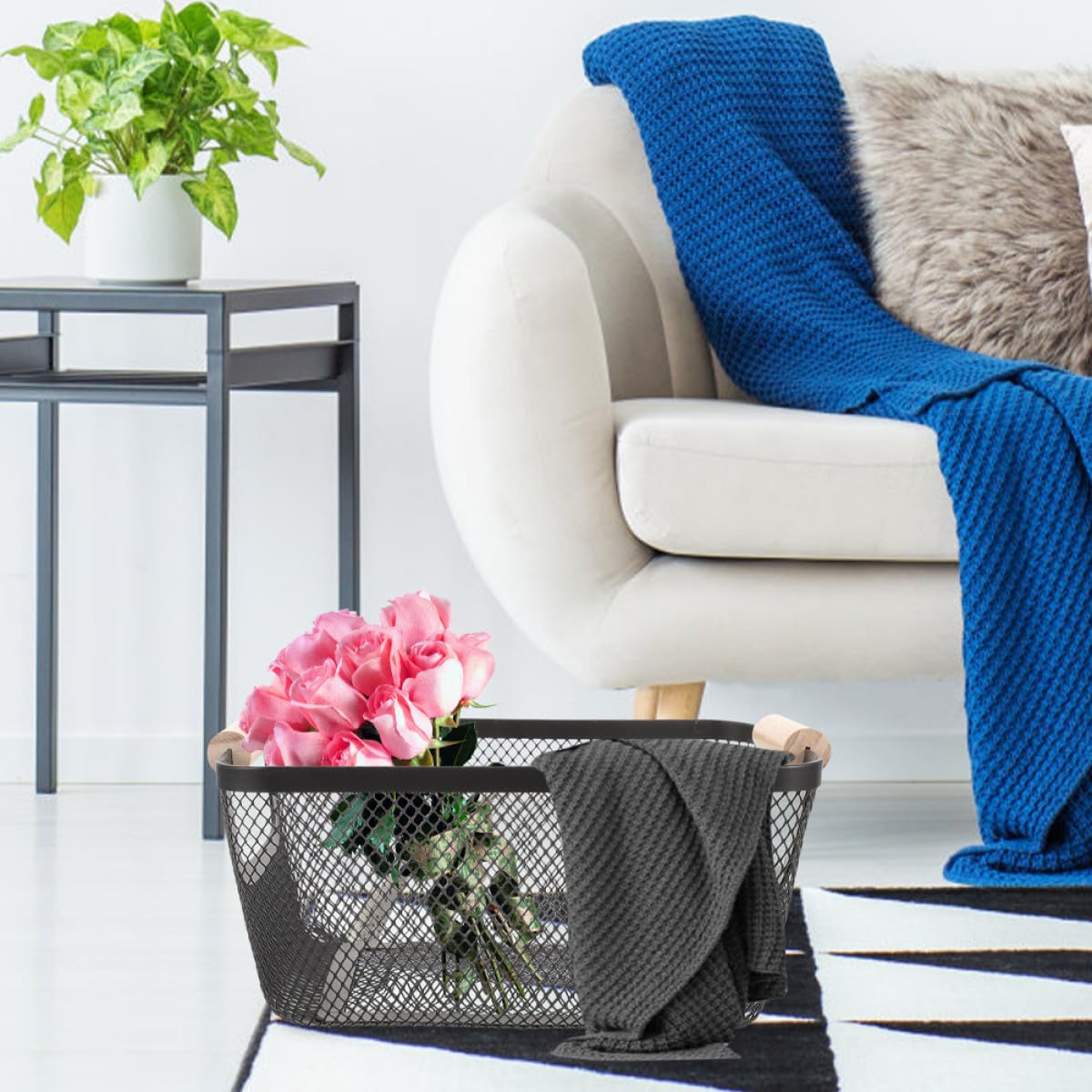 INOOMP Cesta de Gran Capacidad Rectangular de Metal Mango de Madera Estilo Nórdico para Almacenamiento y Organización en Baño y Estantes